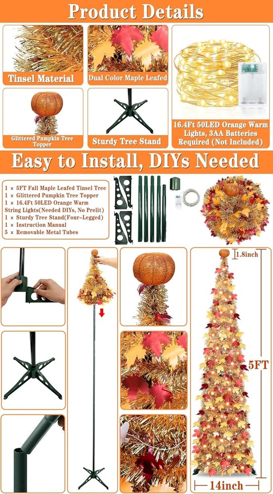 Timer & Pumpkin - 5 Ft Lighted Fall Tree Fall Decor, Fall Pop Up Tinsel Maples