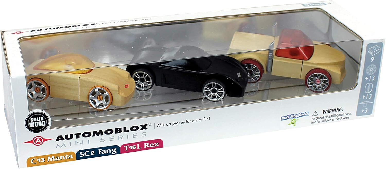 Automoblox Wood Collectible Toy Cars and Trucks - 3 Pack Mini Manta/Fang/Rex