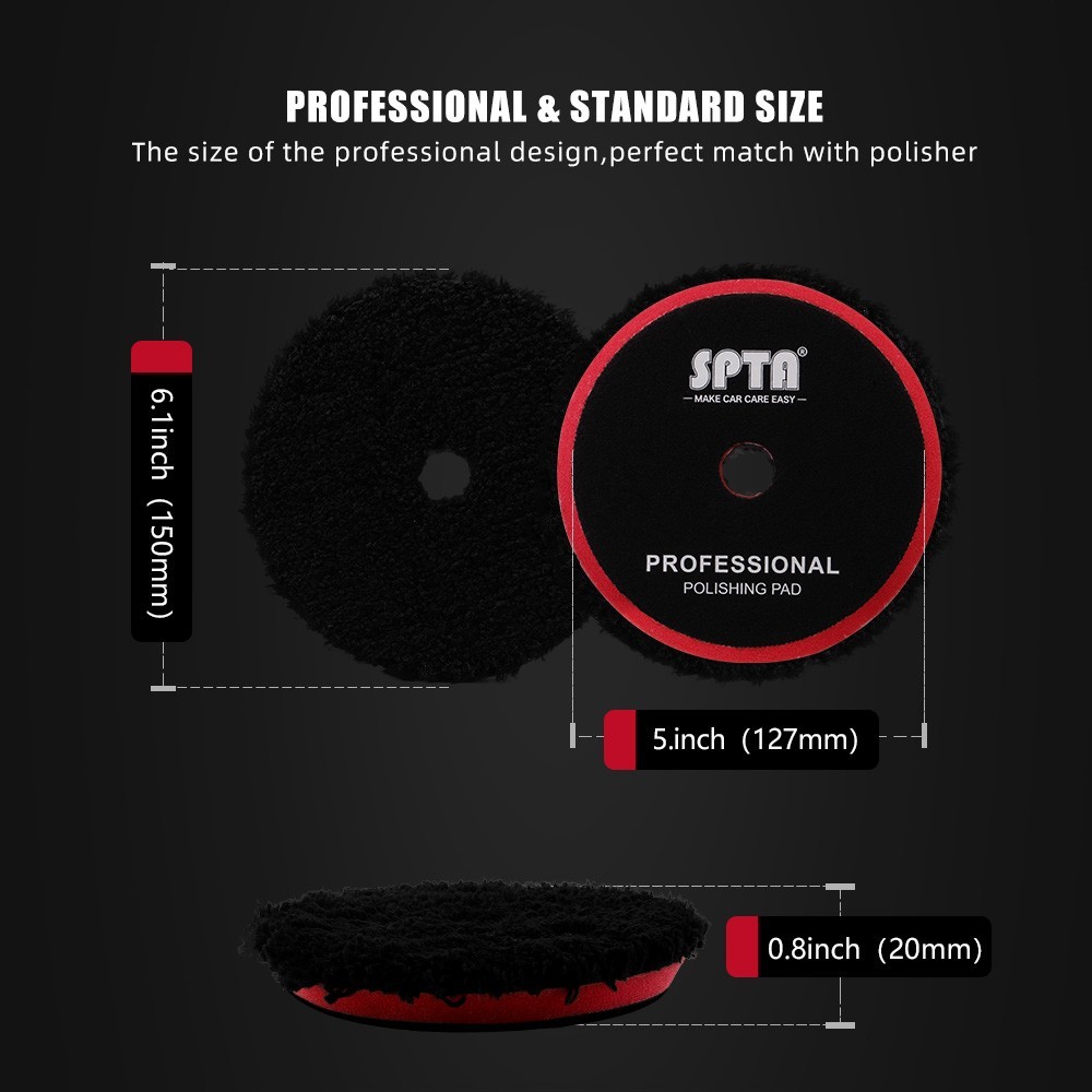 SPTA 1Pc 3/5/6 inch Black Microfiber Hook Loop Polishing Pad for Car Buffer Wax