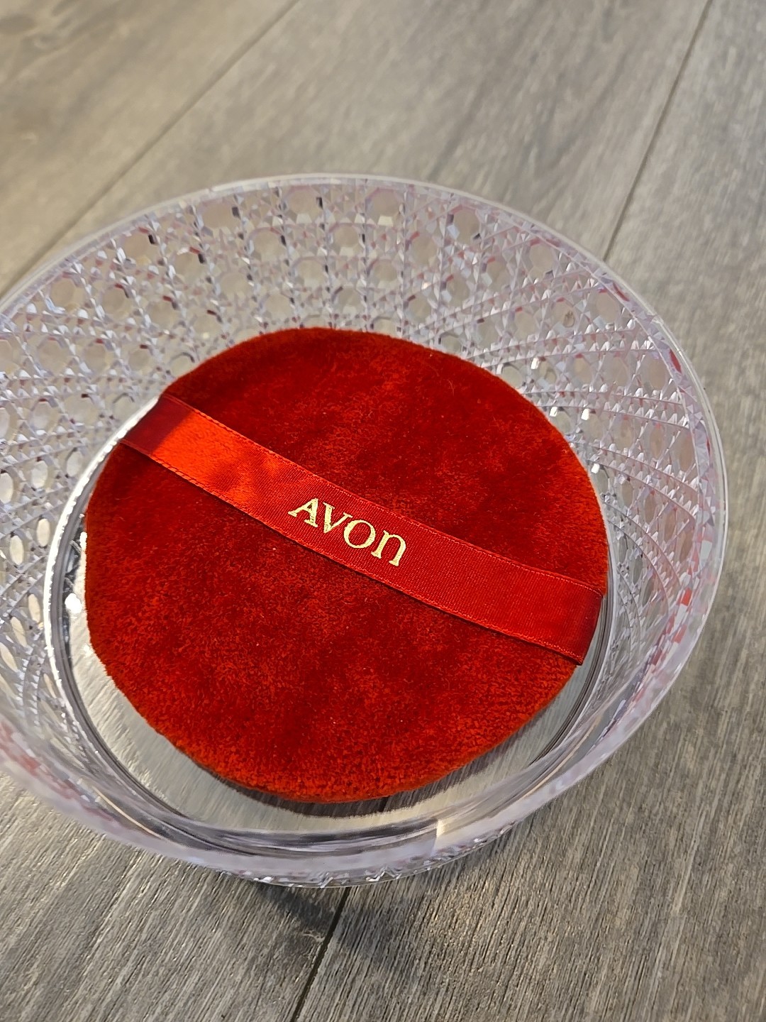 Vintage Avon Powder Box Hollywood Regency Cut Crystal Plastic w Red Puff Vanity