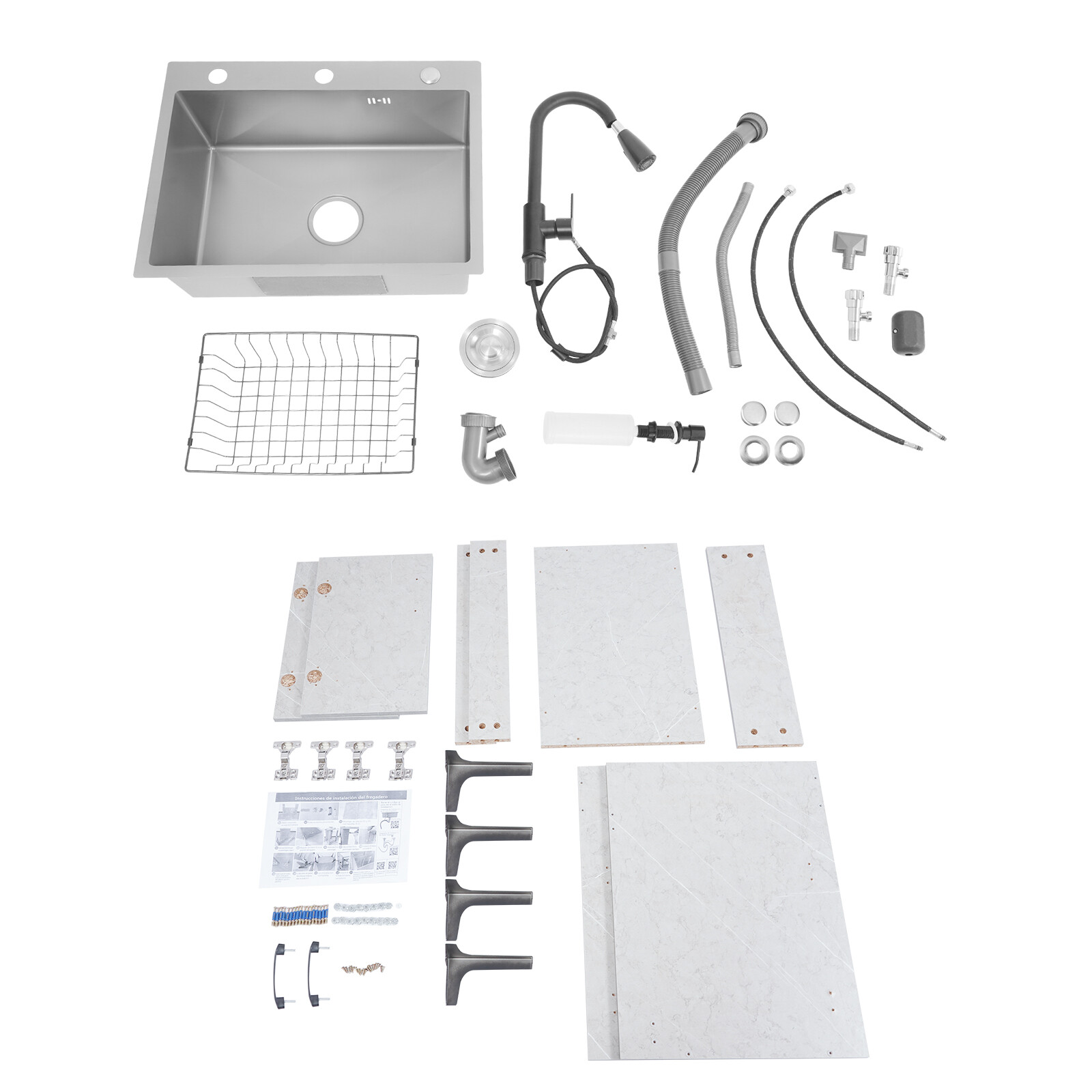 Gray Laundry Stainless Steel Sink with Cabinet + PDraining Basket+Faucet