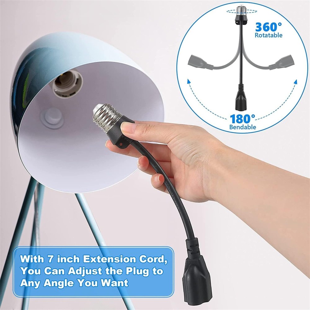 Light Socket to Plug Adapter 8.46 Inch Light Bulb E26/E27 Outlet Socket to 3 ...