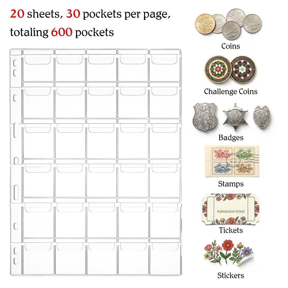 600 Pockets Coin Pages for Collectors, Standard 9-Hole Coin Collection Pages ...