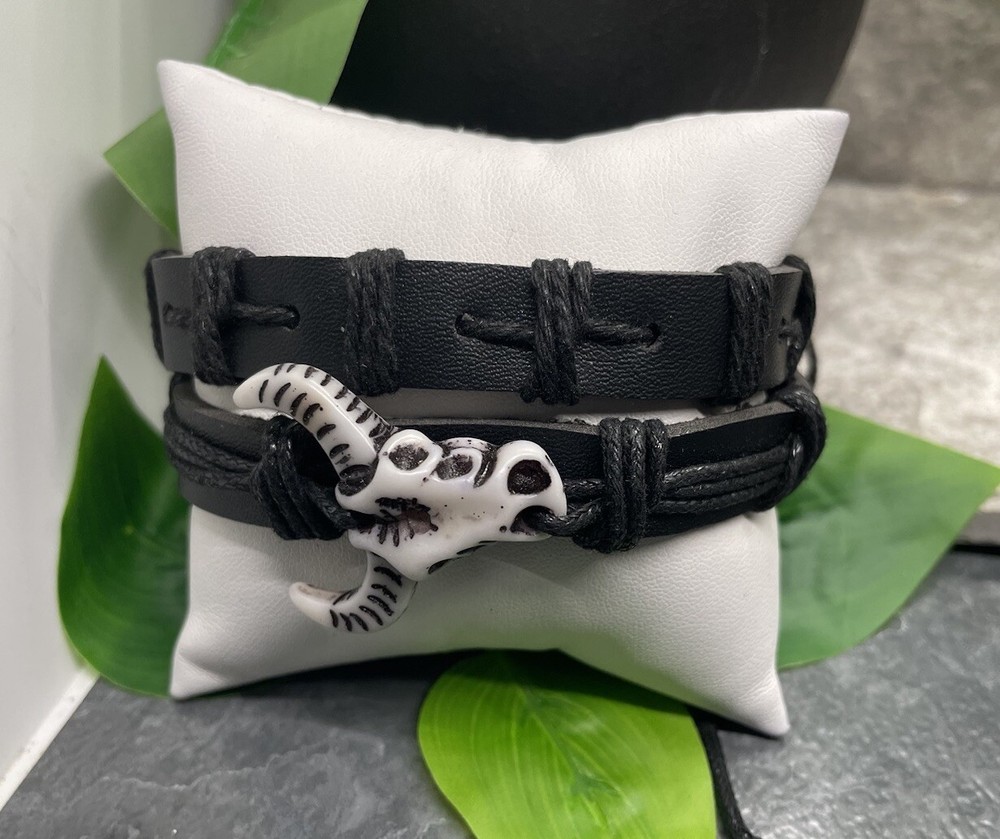 2 PC Leather Bracelet  Stackable Adjustable Tie Free Ship Bull  B3282