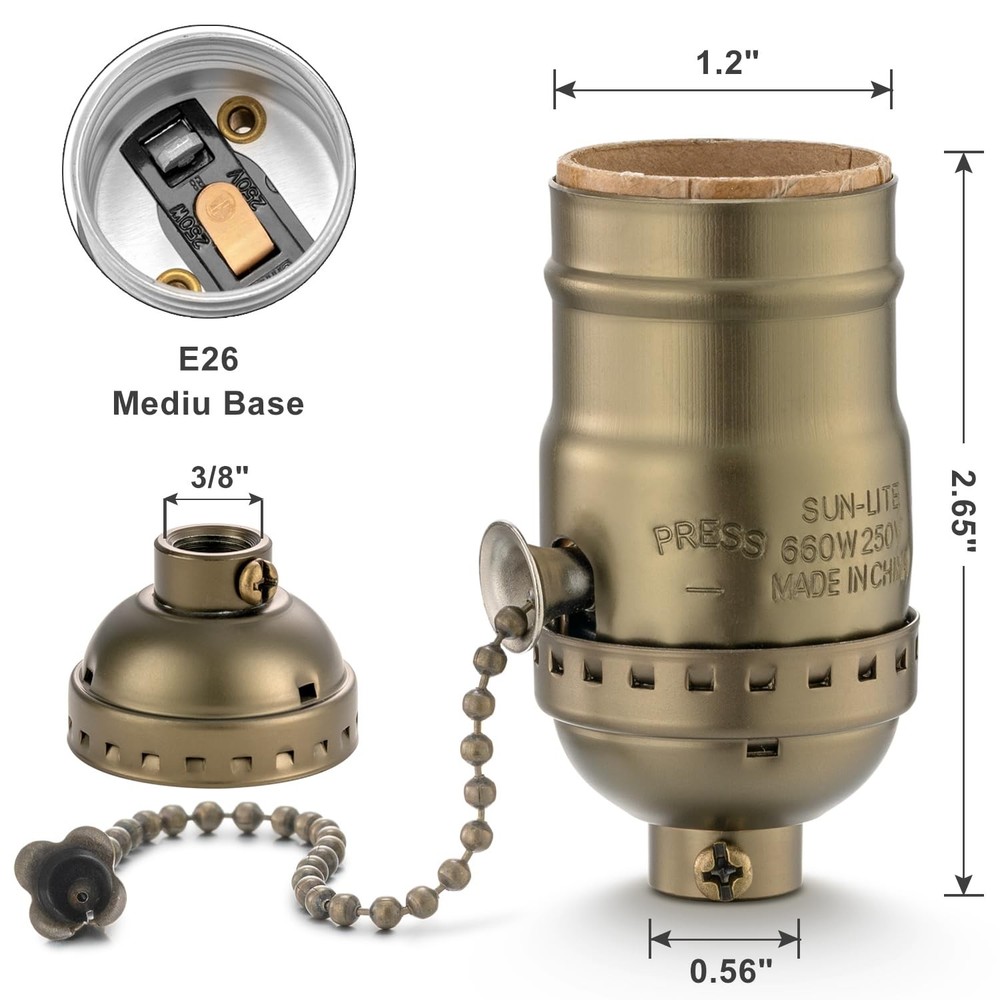 Pull Chain Lamp Socket Replacement, E26 Standard Threaded Base, Antique Brass