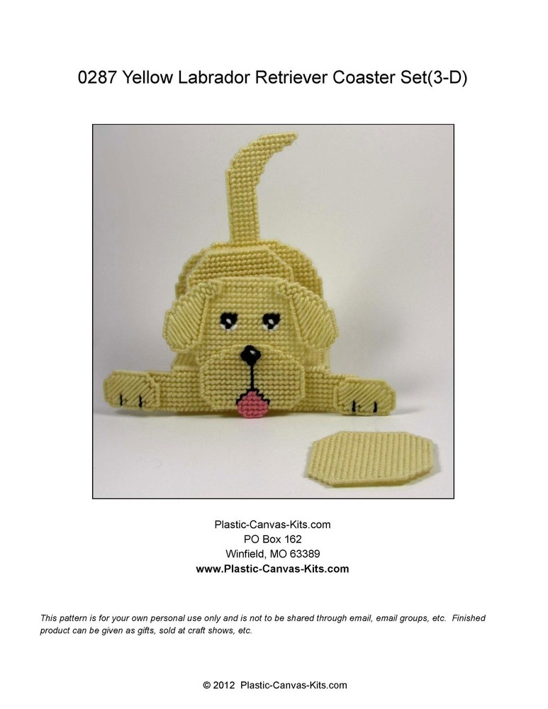 3-D Yellow Labrador Retriever Dog- Coaster Set-Plastic Canvas Pattern or Kit