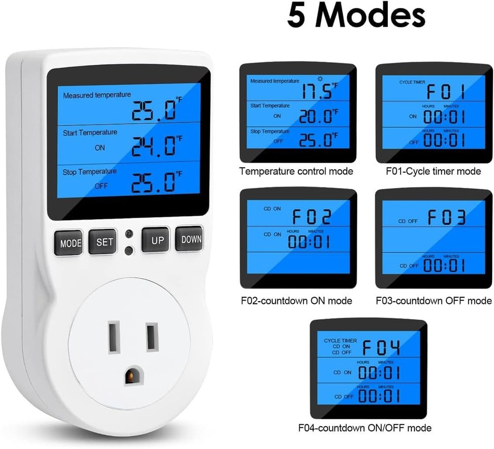 Digital Temperature Controller Outlet, 120V 15A Thermostat Socket with Heatin...