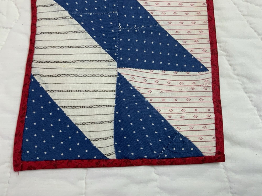 Vintage Antique Patchwork Quilt Table Topper, Triangles, Blue, White