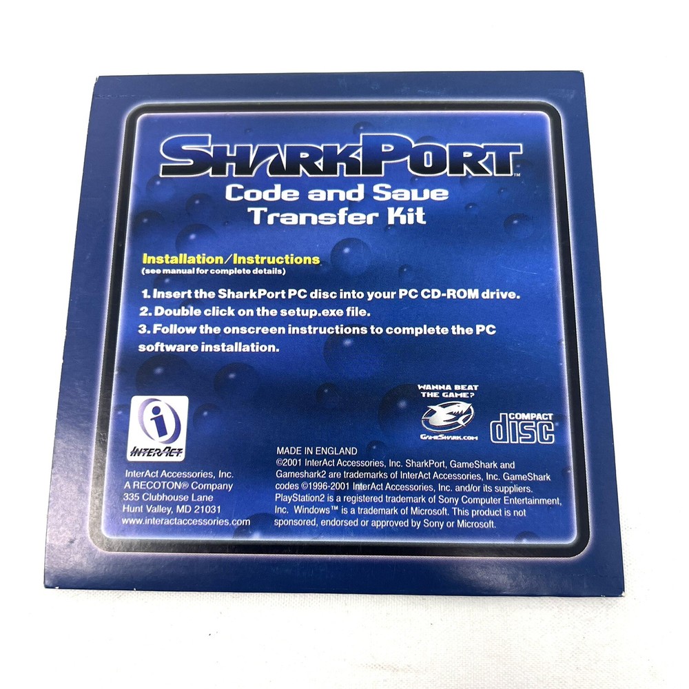 SharkPort Code Save Memory Game Transfer PC Disc & Sleeve Playstation 2 PS2 EUC