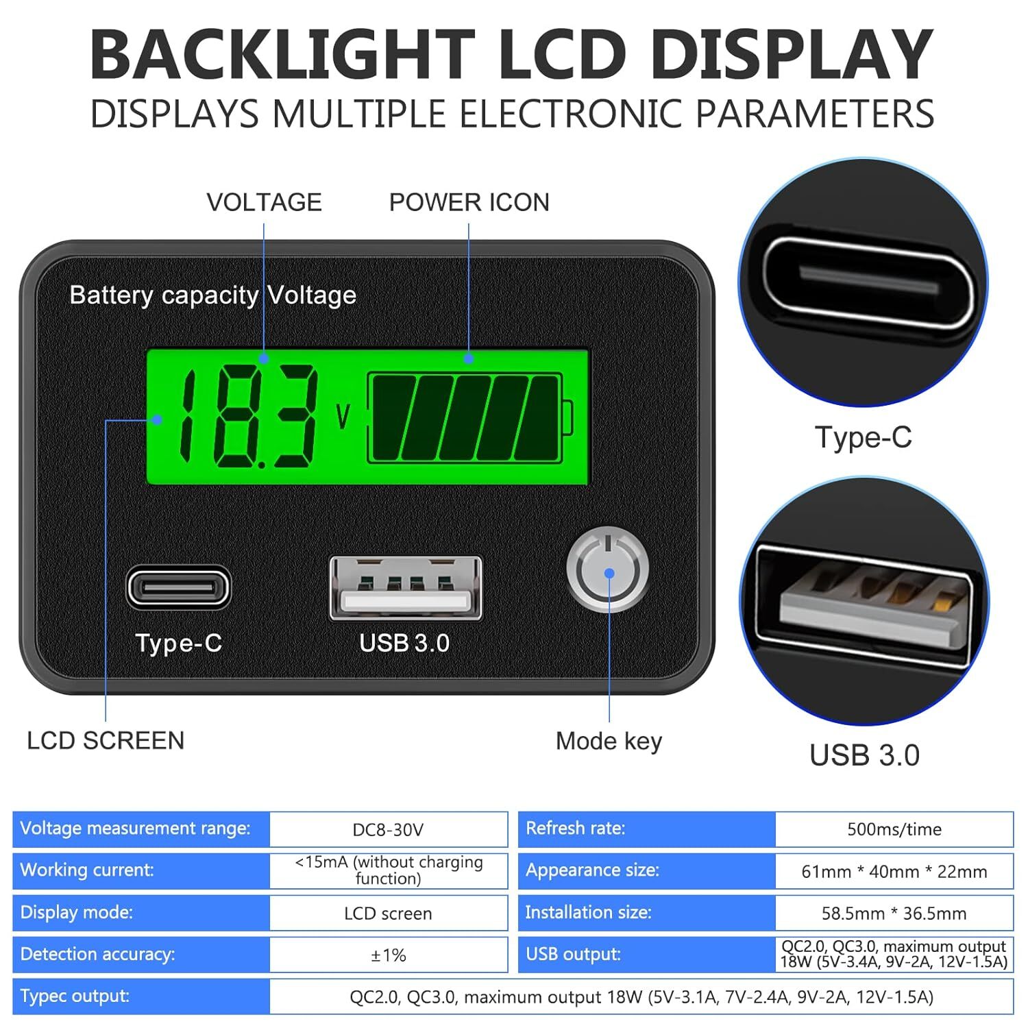 12v 24v 36v 48v 72v Battery Monitor,Car Golf cart Battery Indicator Meter