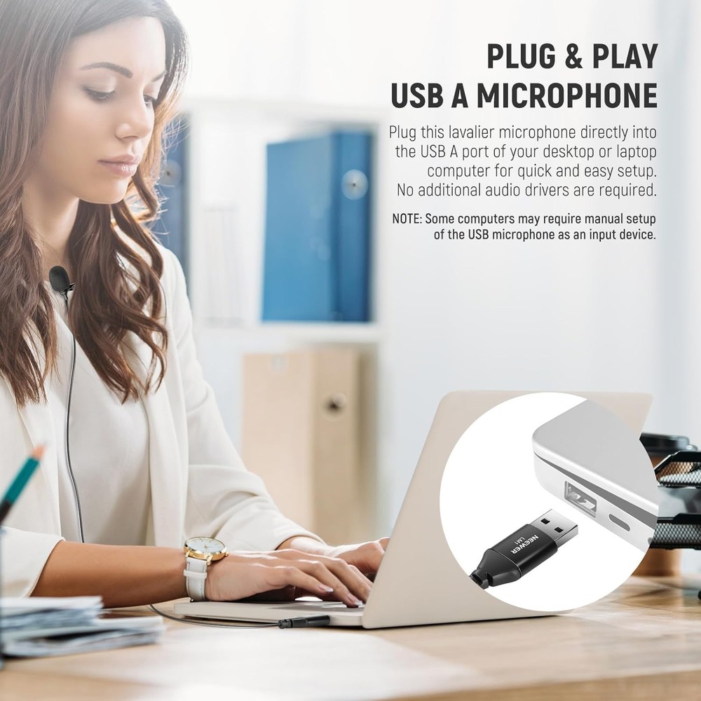USB Lapel Microphone LM1 Omnidirectional Clip-On 2m Cable PC/Mac US