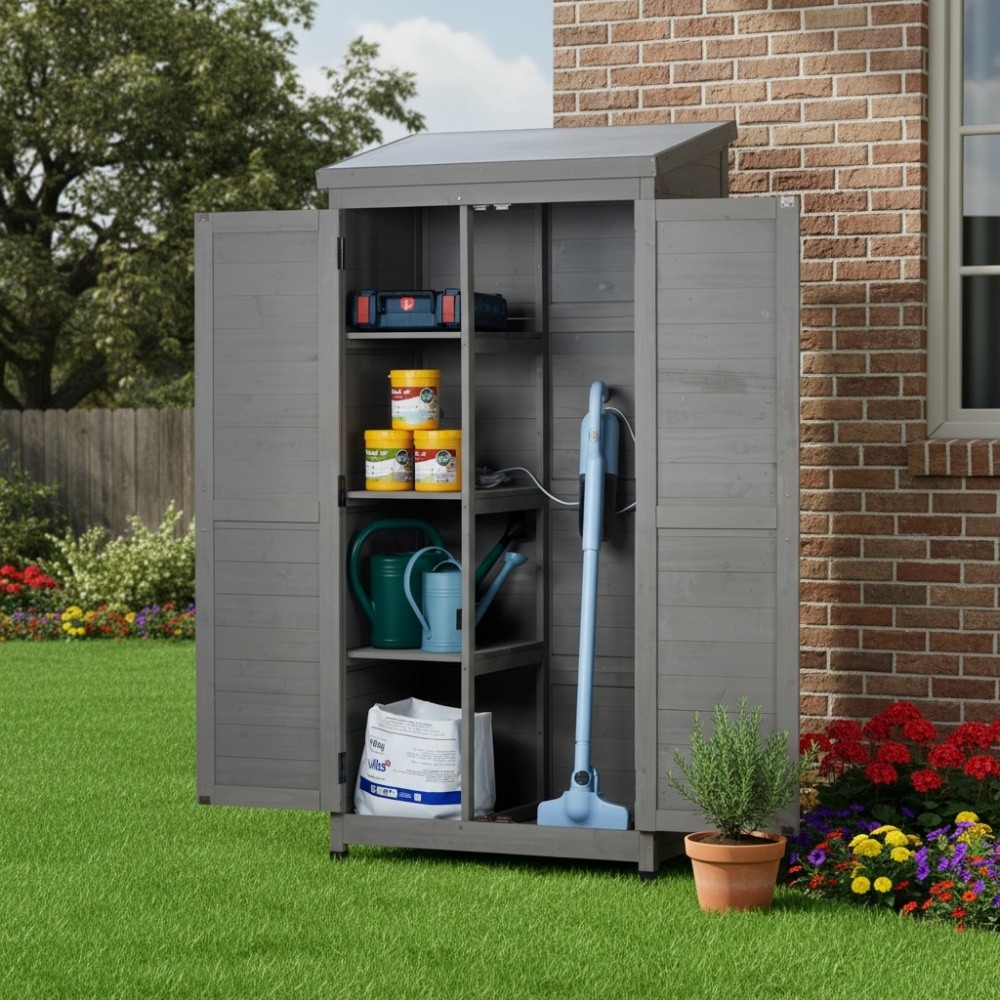Outdoor Wooden Storage Shed W Metal Top Tall Vertical Tool Cabinet