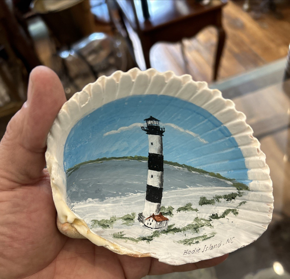 Bodie Island NC- Hand Painted Lighthouse Sea Shell Signed Heser