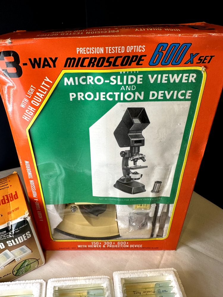 Precision Tested Optics 3 Way Microscope 600× Set with Sears Prepared Slides