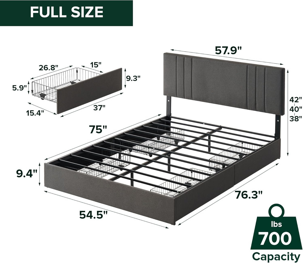 Billie Full Platform Bed Frame with Storage Drawers & Adjustable Headboard