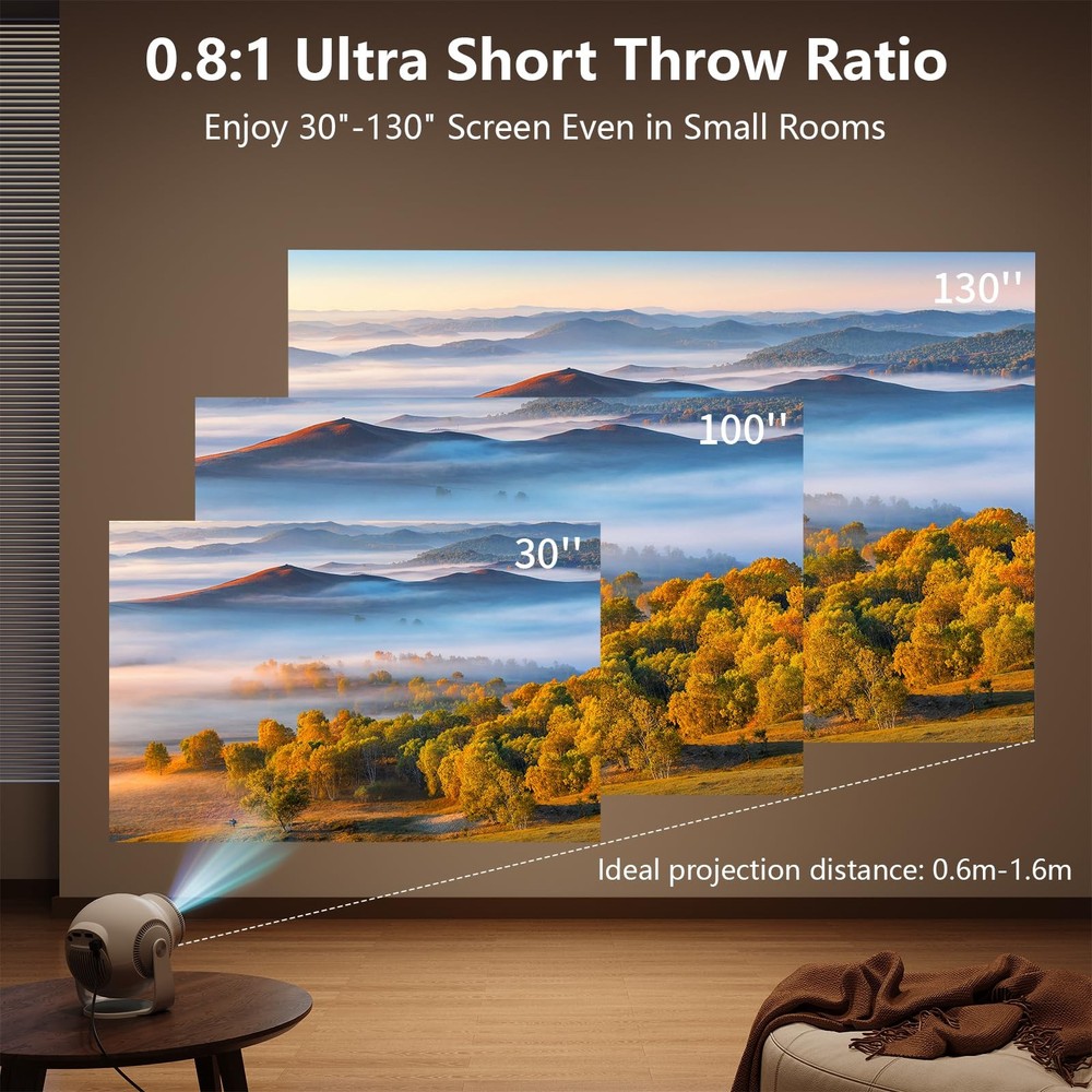 Smart Mini Projector with Android 14 OS, 1080P/4K/8K Video Decoding, White