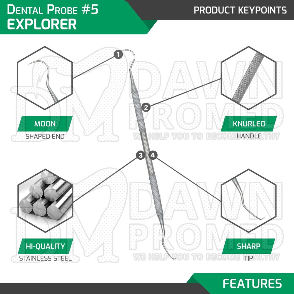 6 Pcs Dental Probe #5 Explorer Double Ended Denture Instruments German Grade