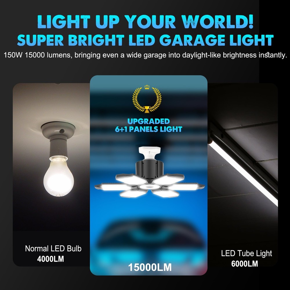 150W LED Garage Lights, 15000LM, 6 Deformable Panels, E26/E27 for Workshop