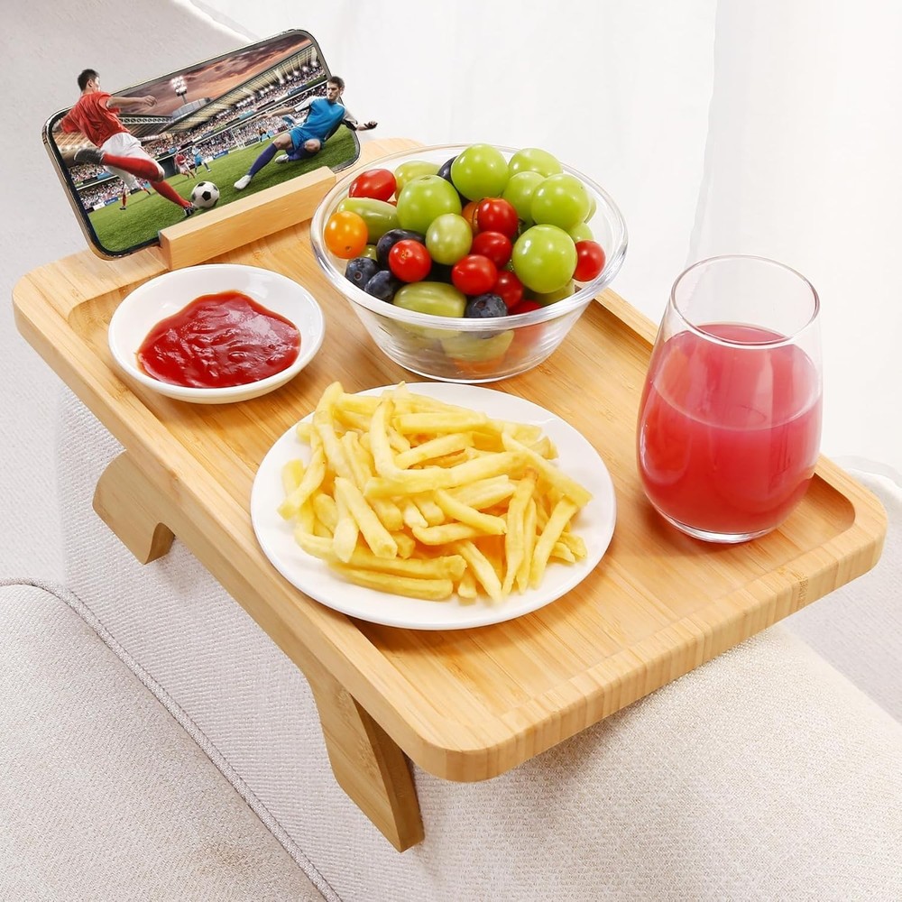 Space-Saving Bamboo Sofa Clip-On Tray with Non-Slip Design for Easier Living