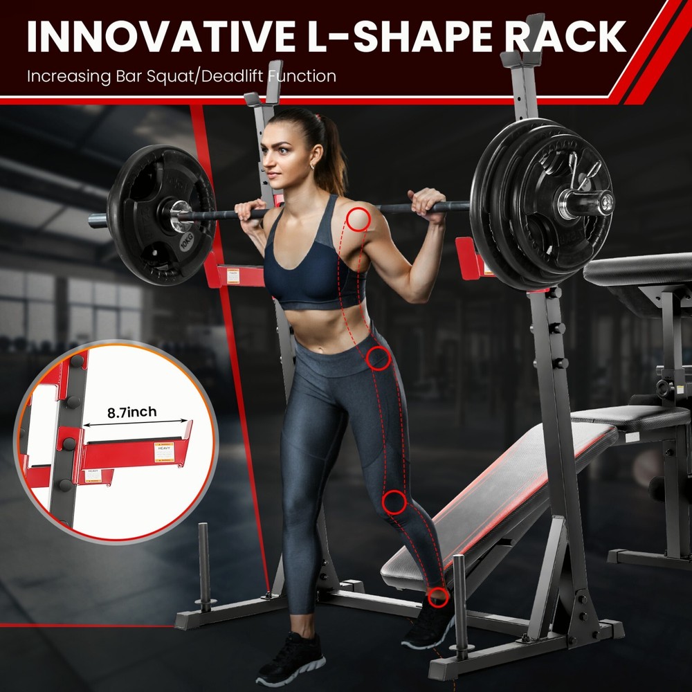 Adjustable Olympic Weight Bench Set 900LBS Workout Bench Press with Squat Rack