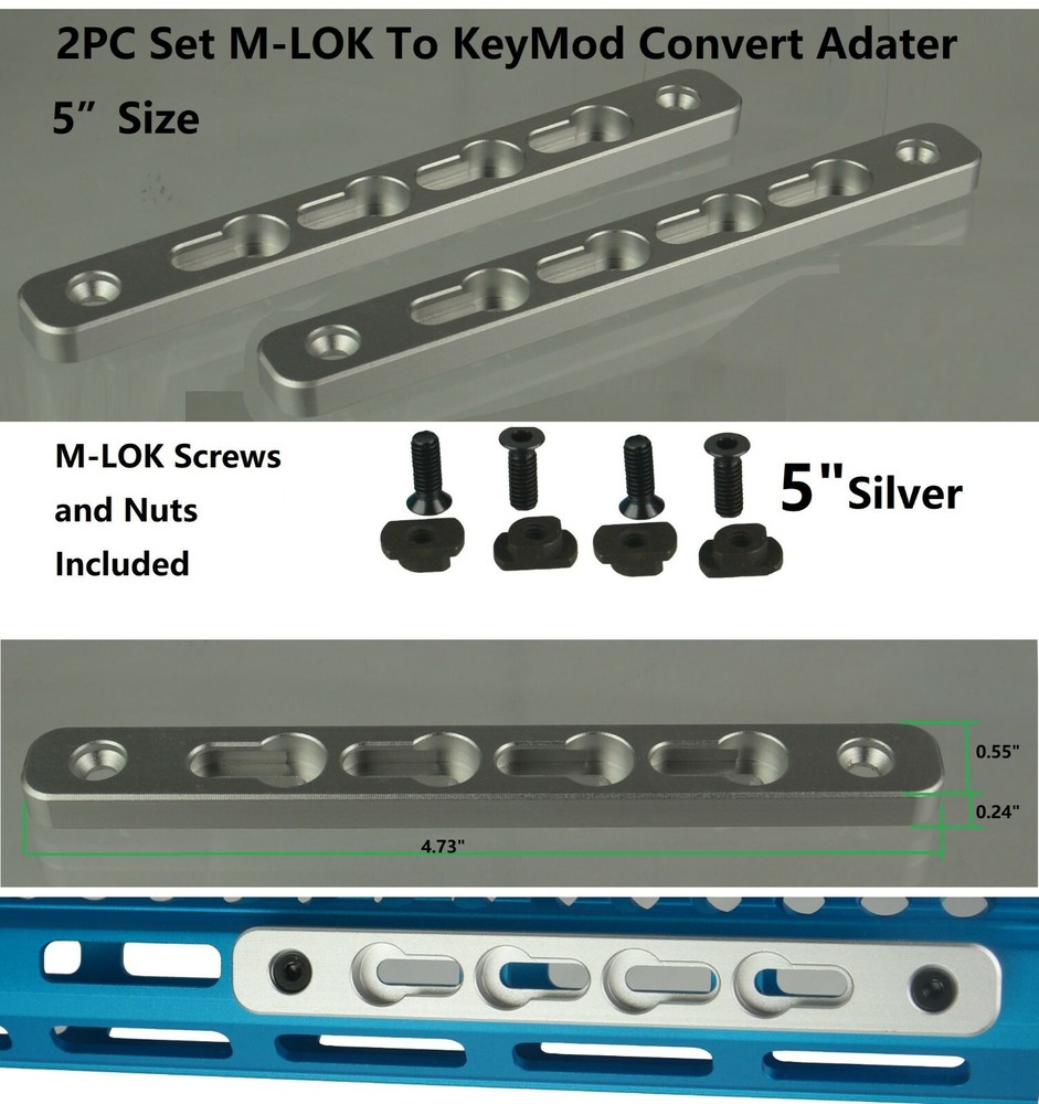 2PC Set 5" Silver Anodized M-LOK to KeyMod Rail Section Converter Adapter Mount