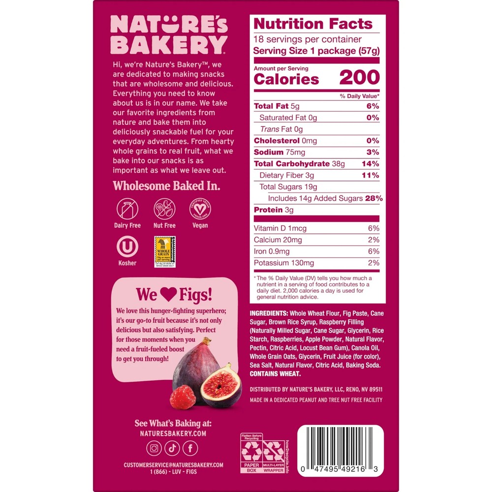 Nature’s Bakery Raspberry Fig Bars 2 oz Twin Packs 18 Count Box