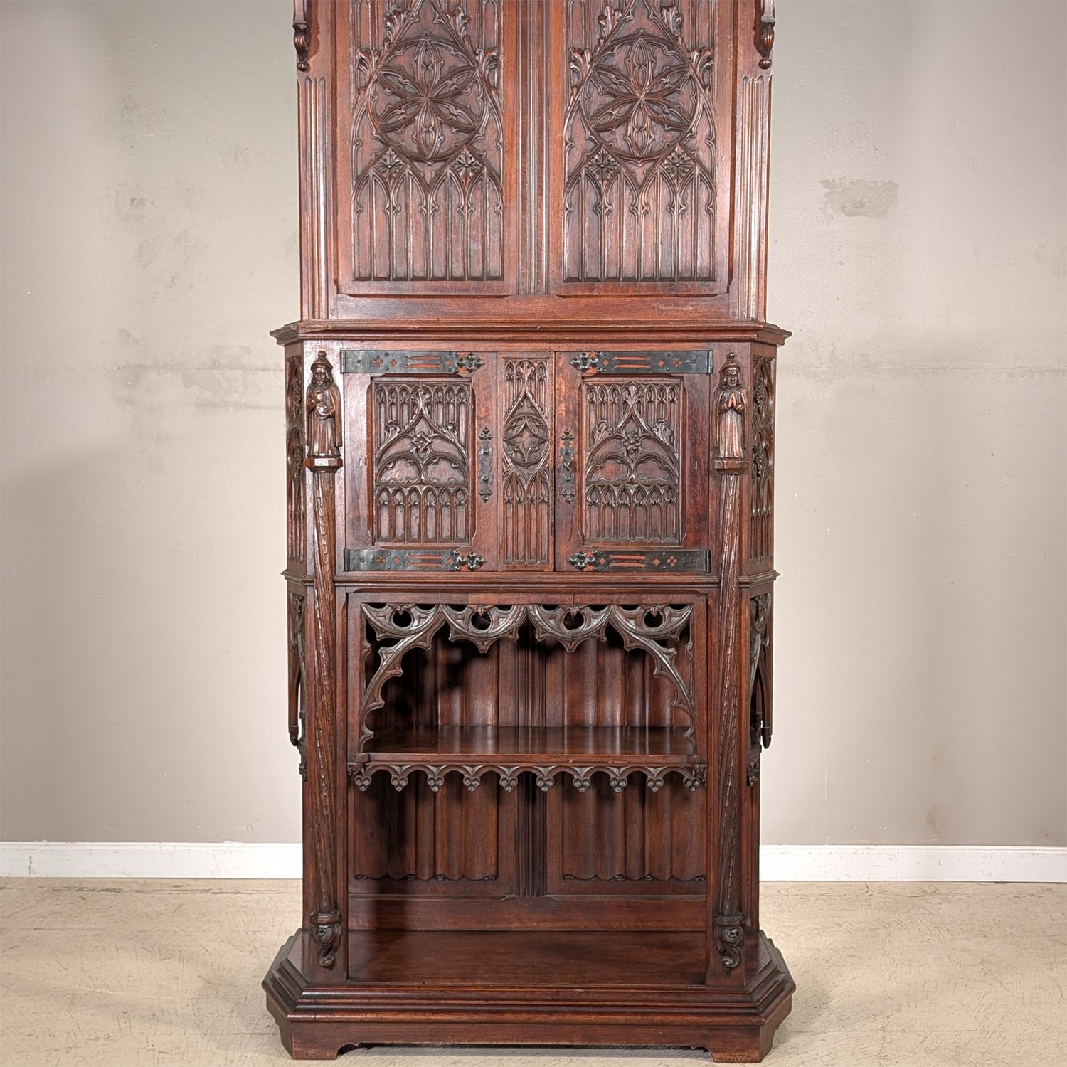 Premium Quality Antique French Gothic Carved Walnut Cabinet Pedestal