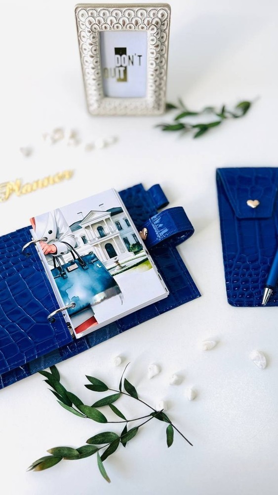 Blue handmade gift leather planner A7 & pencil/ glasses case