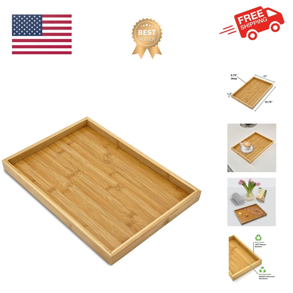 Natural Bamboo Serving Tray Modern Rectangular Bamboo, 15.75” x 11" x 1.2" fo...