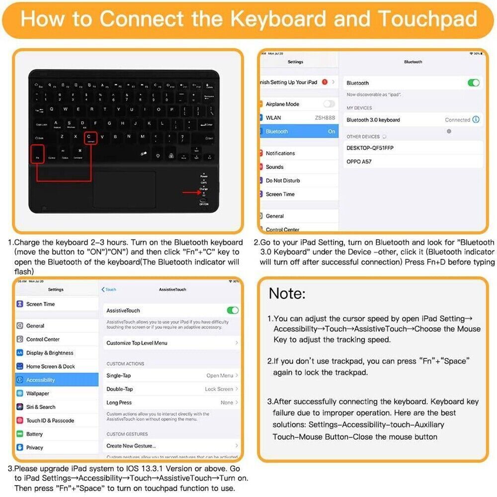 Rechargeable Backlit Bluetooth Touchpad Keyboard Mouse For Android IOS Tablet PC