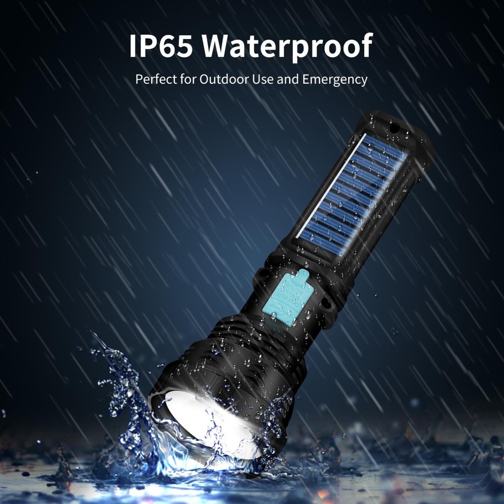 LED Solar Flashlight, 1500 Lumens Handheld Rechargeable Flashlights 2000mAh