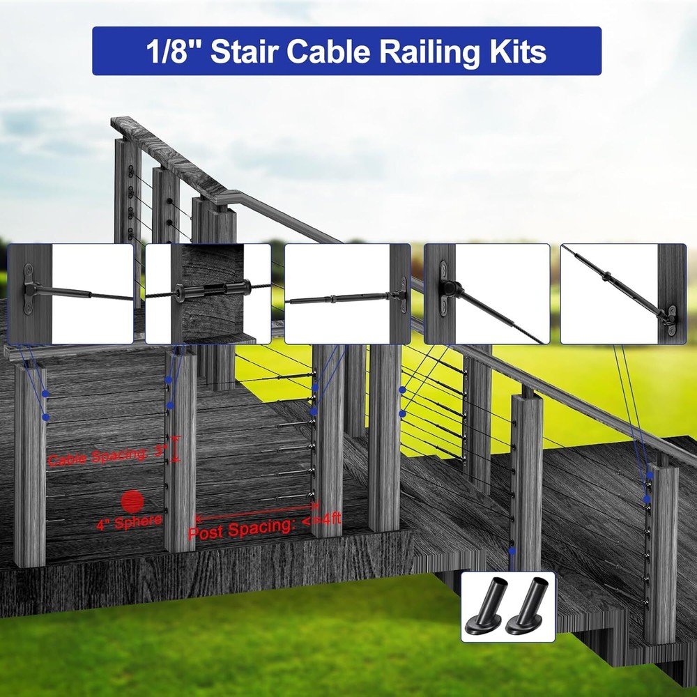 1/8" Black Cable Railing Kit Swage Toggle Turnbuckle Hardware Adjustable 50 Pair