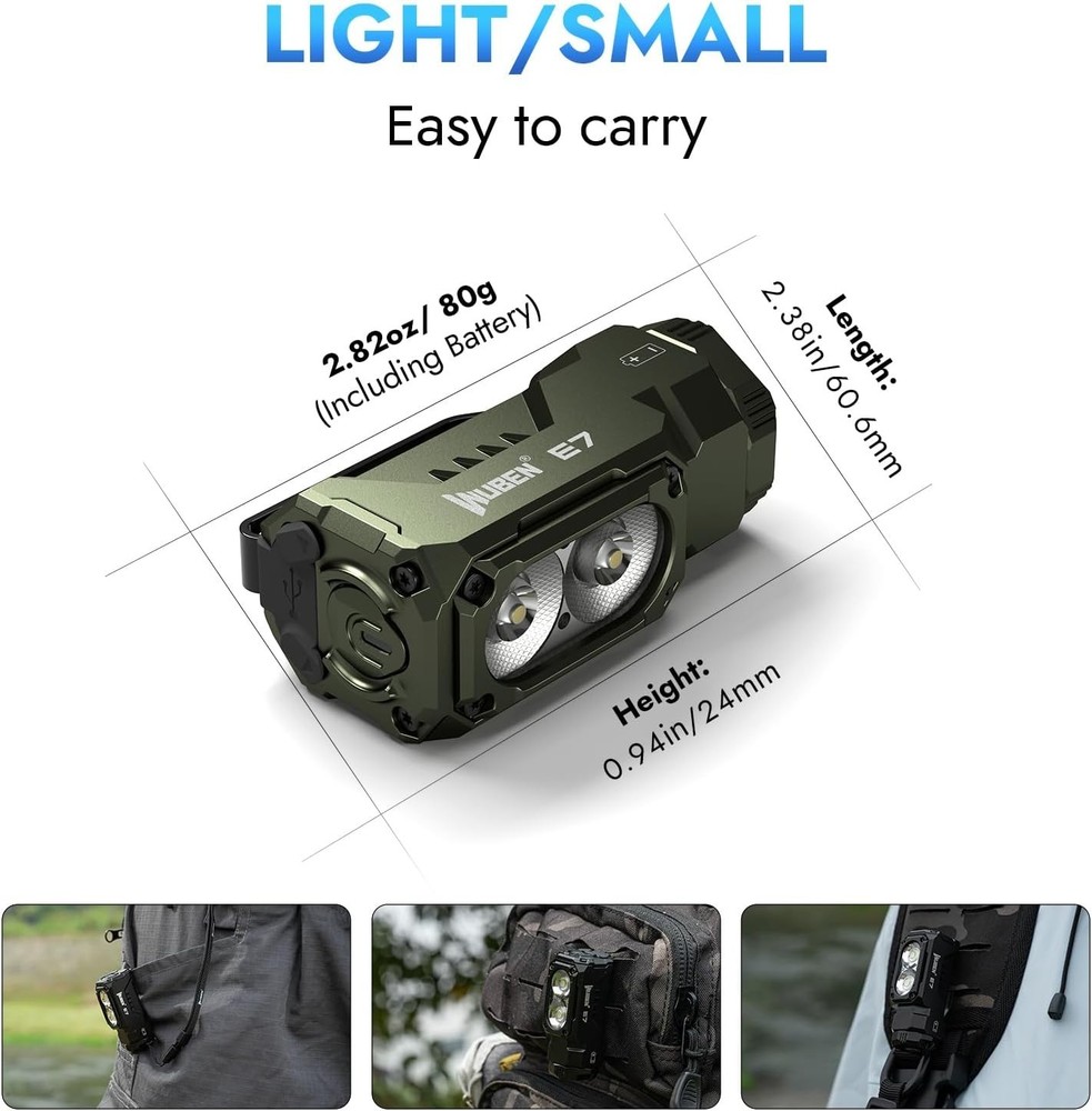 Super Bright 6-Mode E7 Mini Flashlight - Rechargeable, Magnetic, Army Green