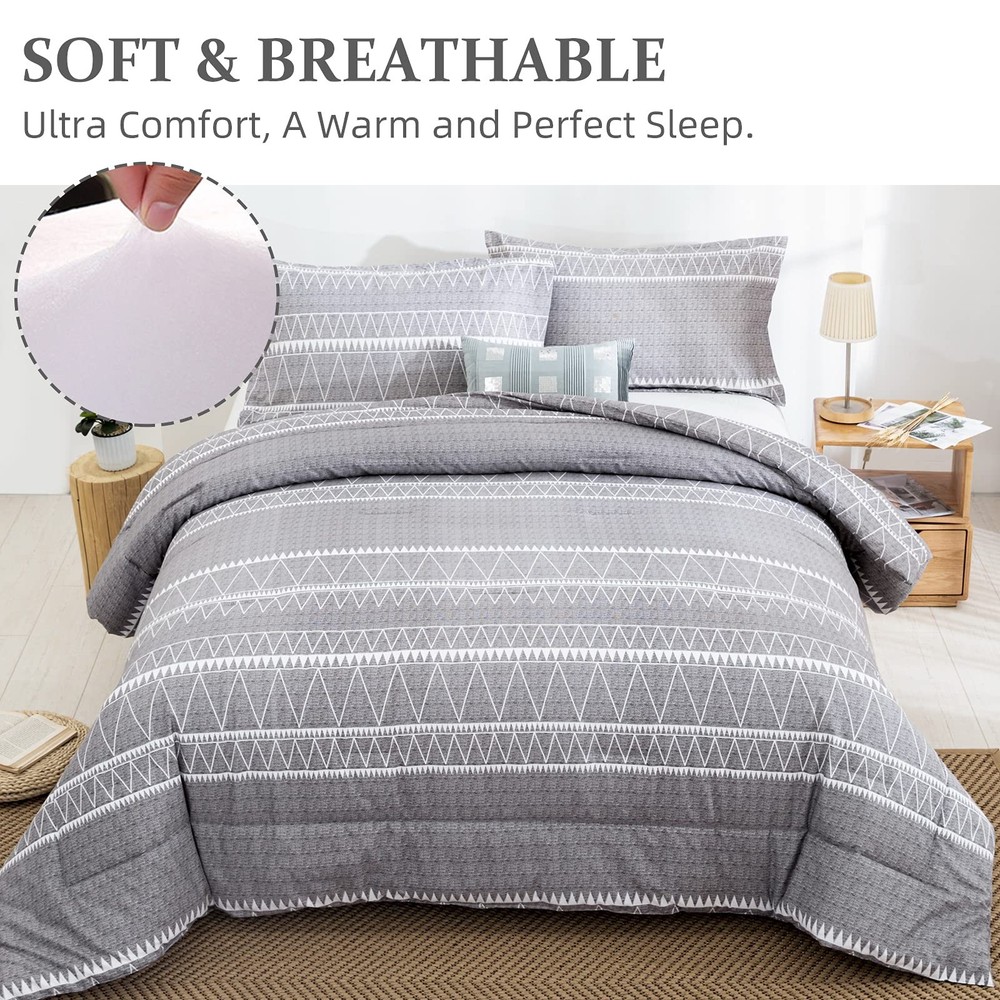 Grey Comforter Set Queen, Soft Microfiber Reversible Gray Boho Down Alternative