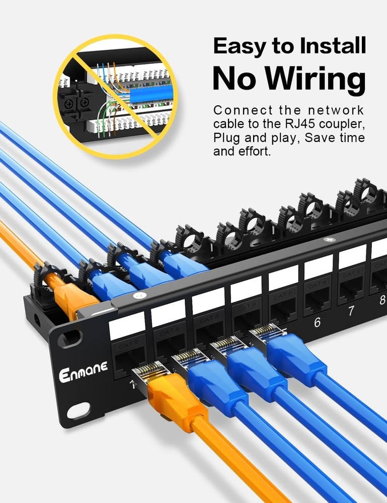 12 Port Keystone Patch Panel CAT6 Rackmount 1U 10 Inch Network Cable Manager