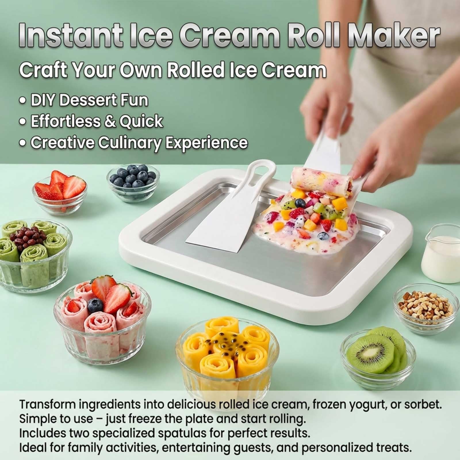 Rolled Ice Cream Maker Kit, DIY Roll Tray with 2 normal, White