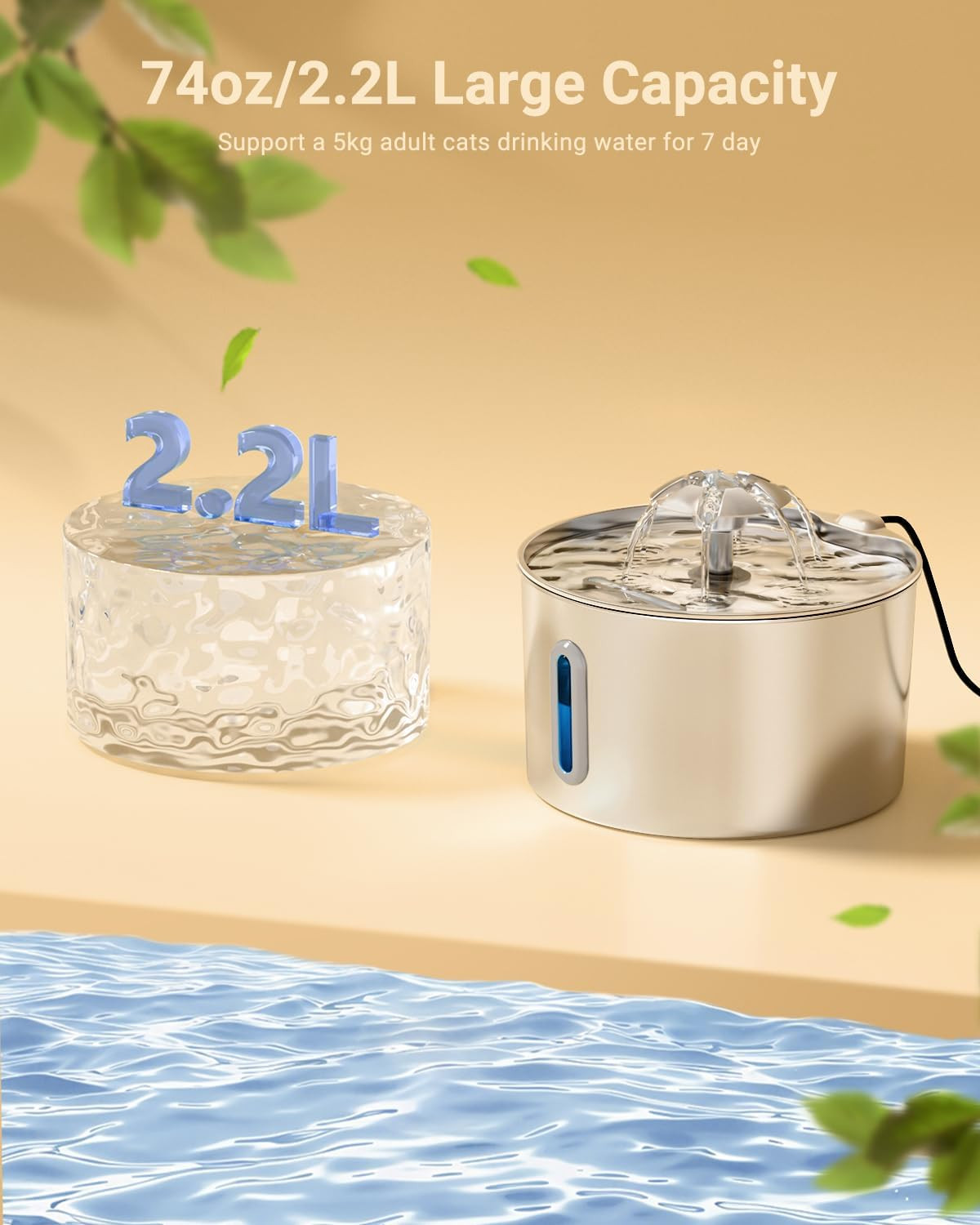 Cat Water Fountain Stainless Steel - 74Oz/2.2L Corded Pet Water Dispenser Automa