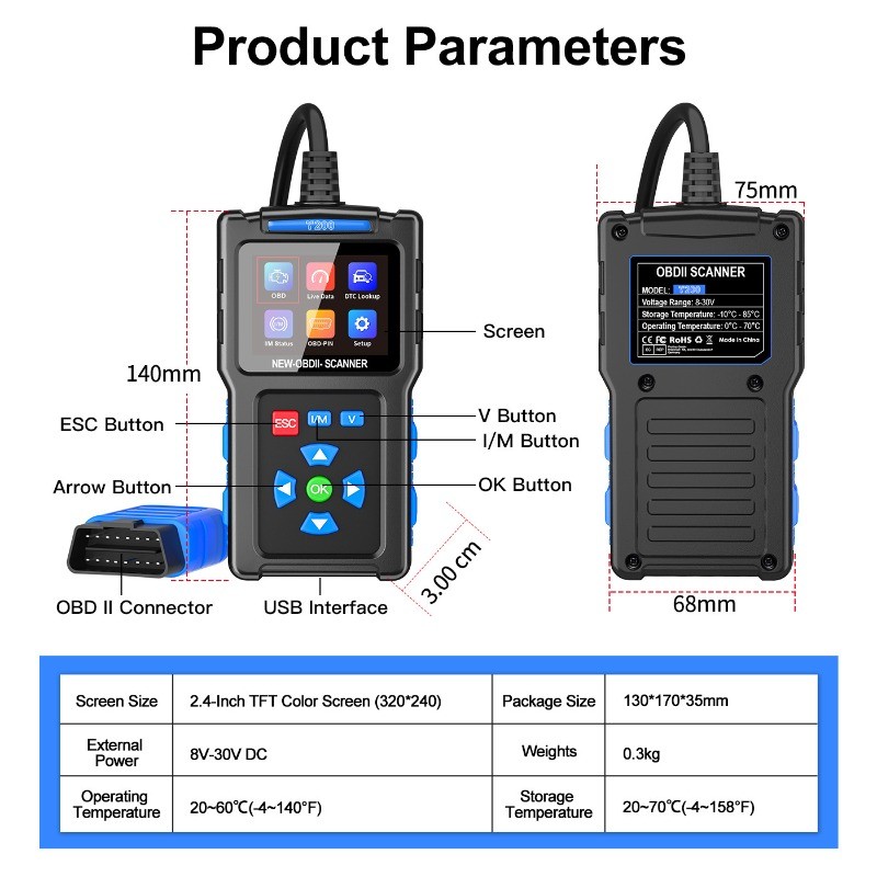 T200 OBD2 Car Diagnostic Scanner Engine Code Reader Battery Tester Smart