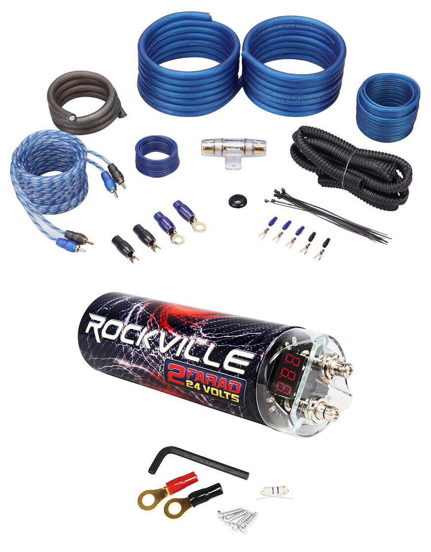 Rockville RXC2D 2 Farad Stiffening Capacitor + Rockville RWK41 4 AWG Amp Kit