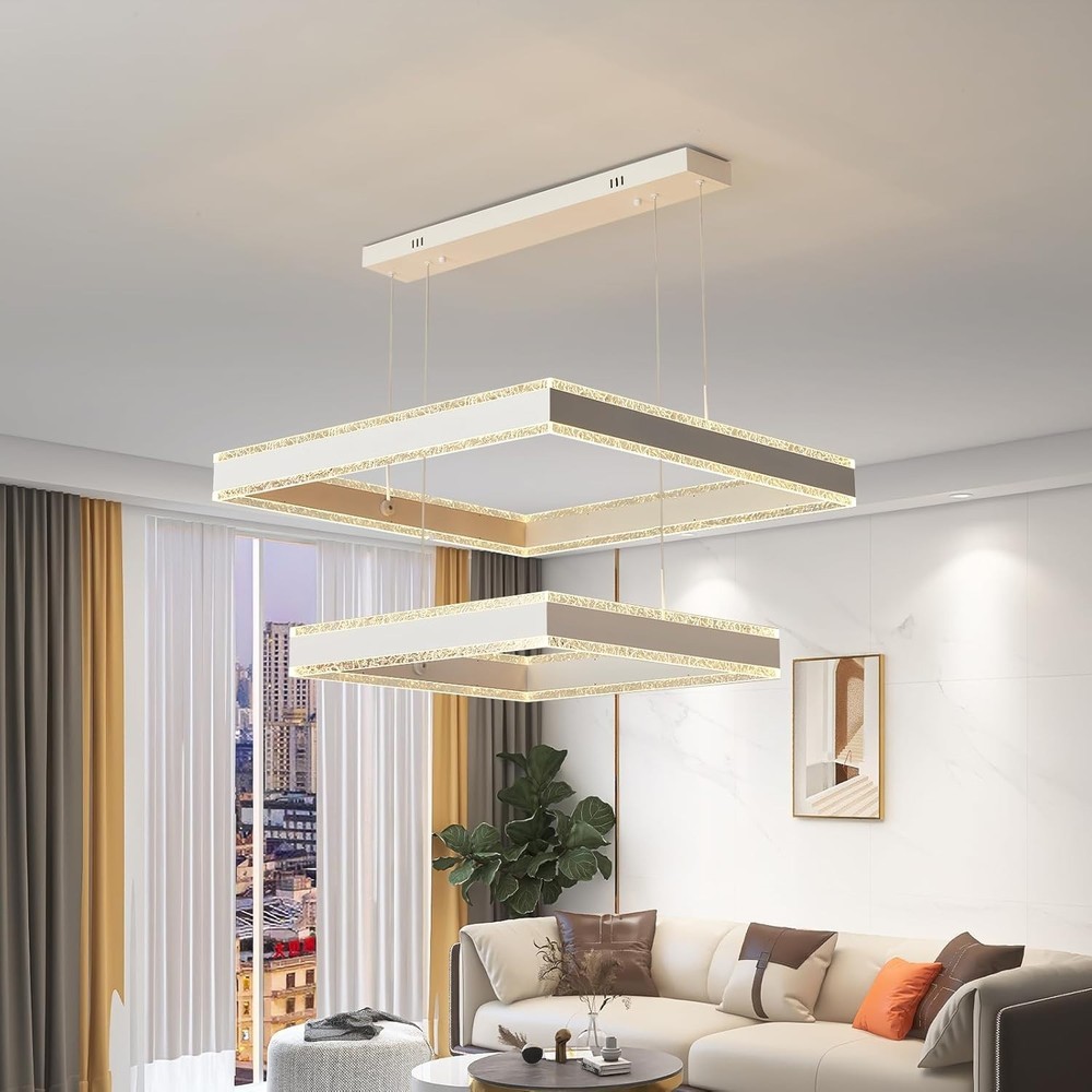 Modern Square 2-Ring LED Chandelier White Dimmable Ceiling Light w/ Remote Fix