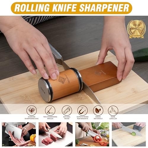 Multi-Angle Knife Sharpener Kit - Diamond & Ceramic Discs, Finger Guard, Gloves,