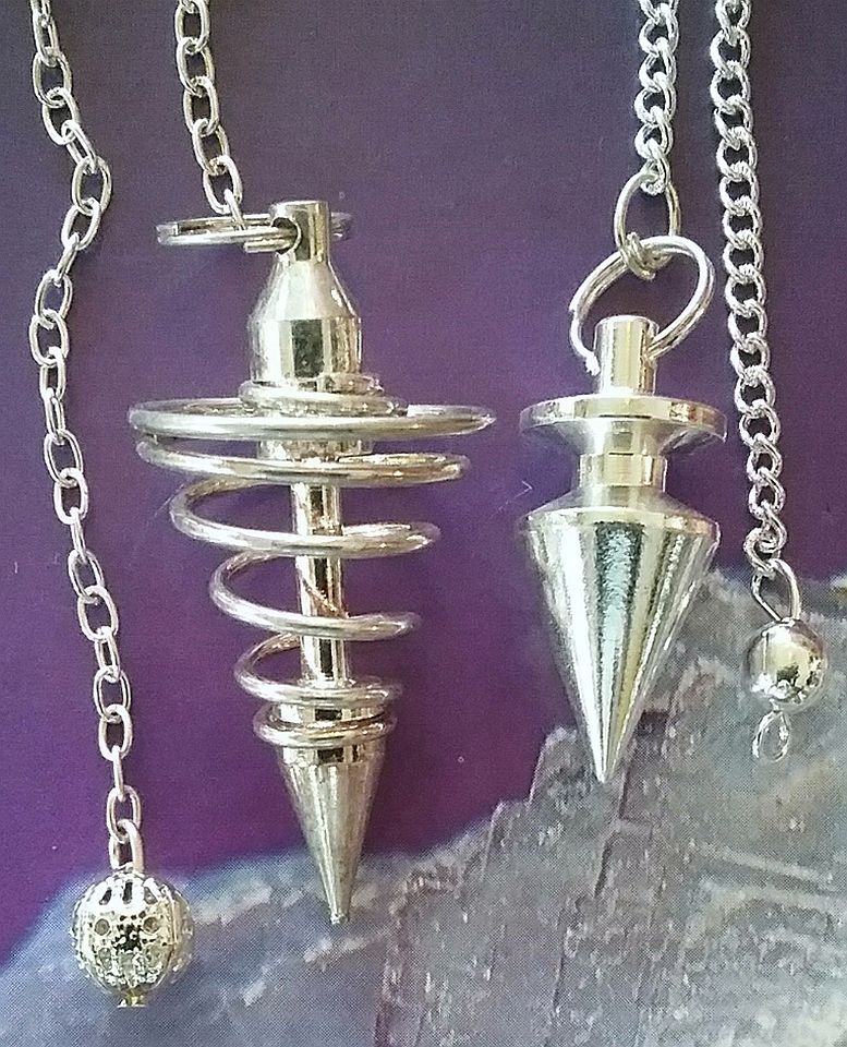 2 SILVER DOWSING PENDULUMS, VORTEX COIL AND CONE POINT PENDULUM, SILVER PENDULUM