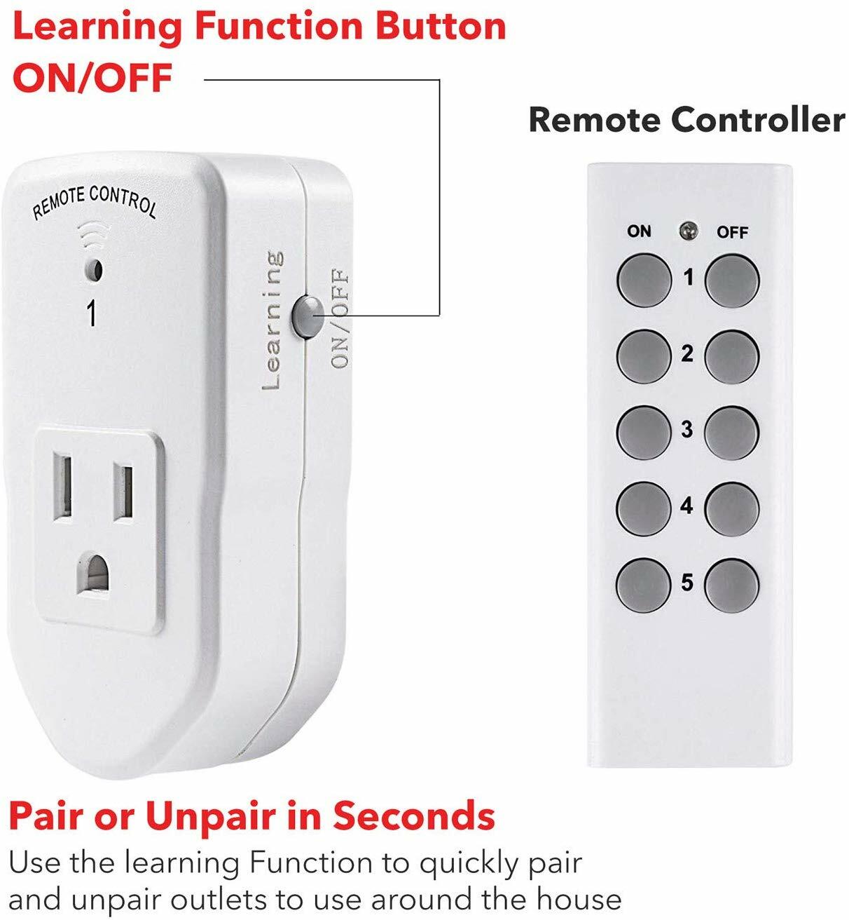 BN-LINK 5 Pack Wireless Remote Control Outlet Switch Power Plug In for lights