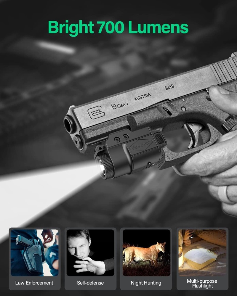 Gmconn 700 Lumen Pistol Light, Compact Adjustable Rail Mounted Flashlight Mini W