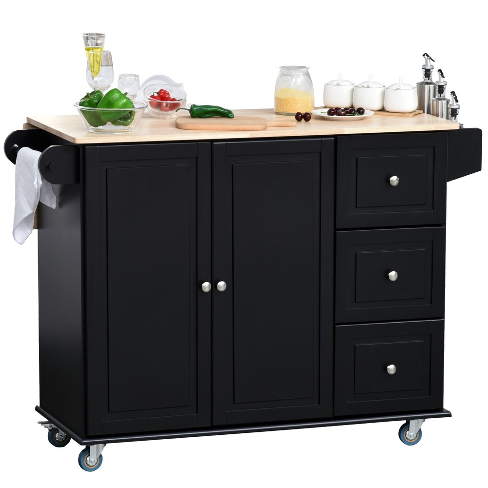 Modern Kitchen Rolling Trolley Table with Drop Leaf and Lockable Wheels, Black