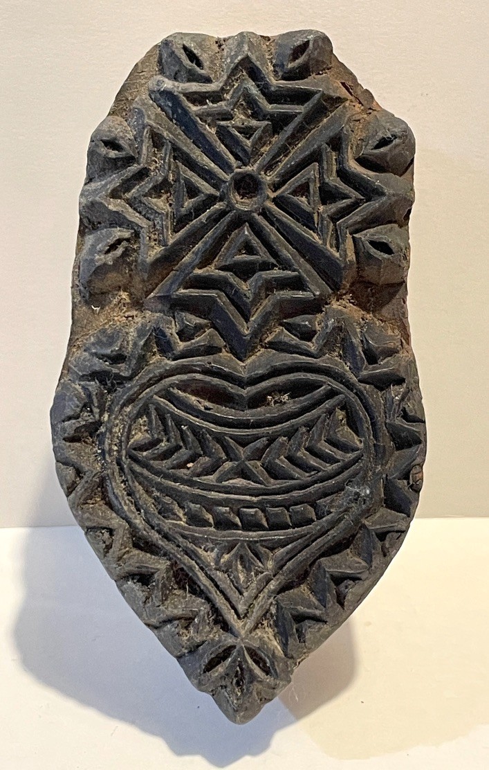 Vintage Heart Textile Printing Block Cross Star Hand Carved Wood 4.5" Long Stamp