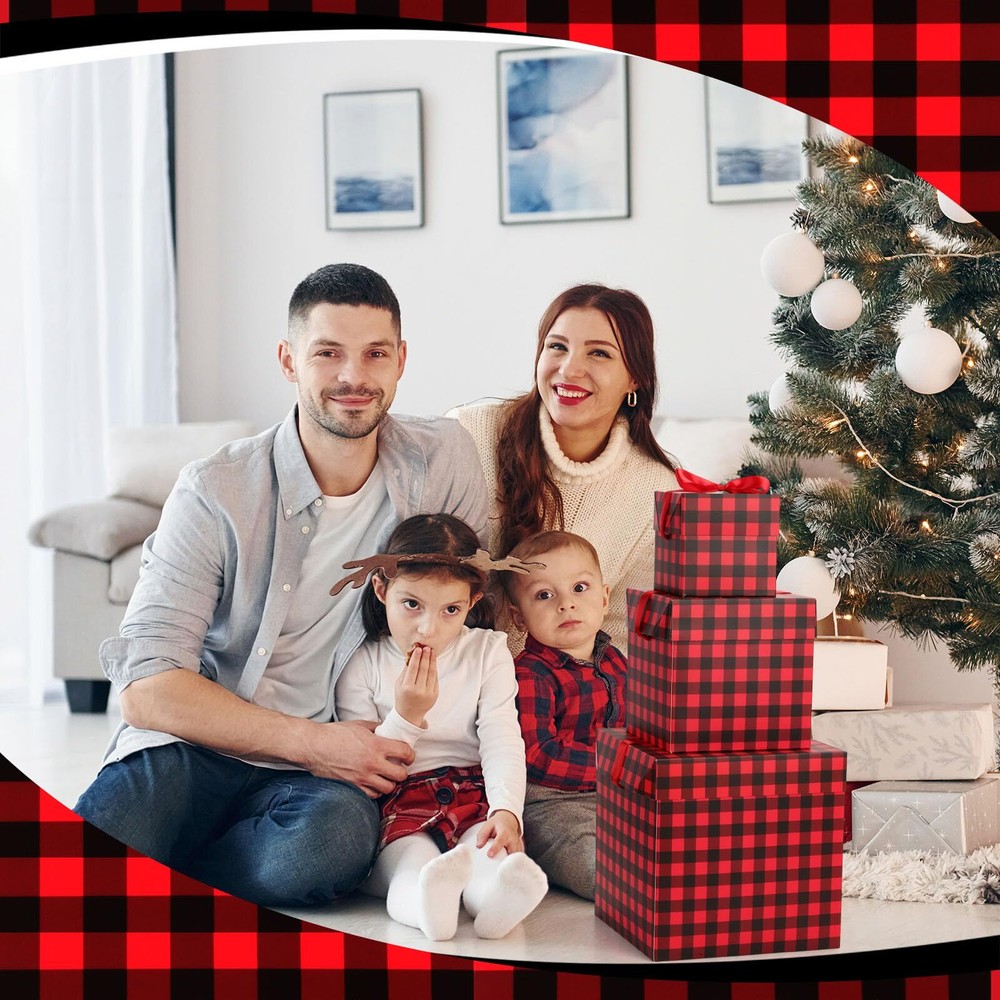 3 Pcs Christmas Nesting Gift Boxes Buffalo Plaid Xmas Stackable Boxes Black R...