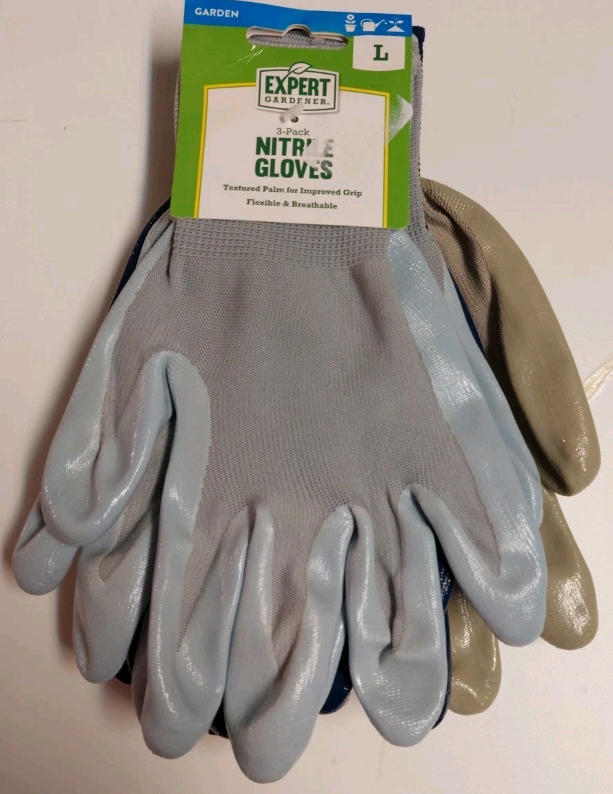 🌱🧤 3-Pack Expert Gardener Nitrile Garden Gloves – Size L – NEW!
