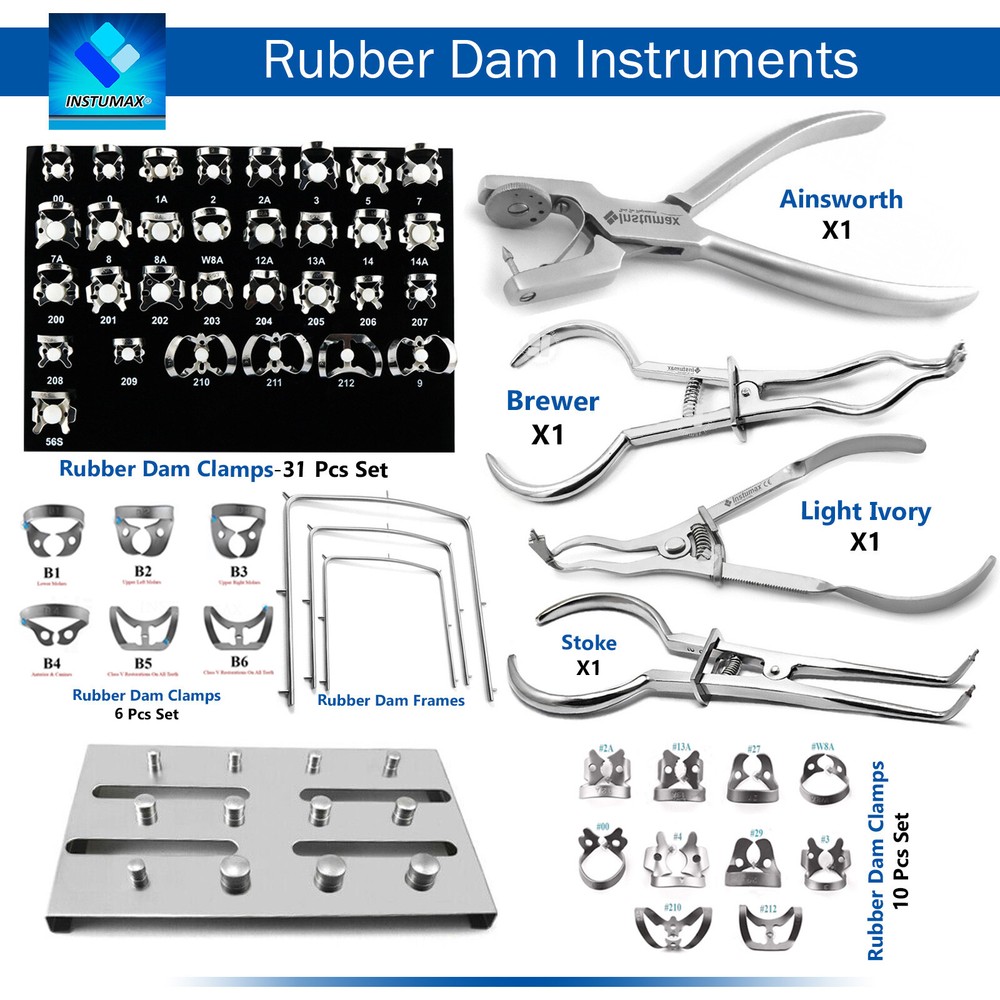 Dental Rubber Dam Instruments Kit Brinker Clamps Punch Forceps Frame Endodontics