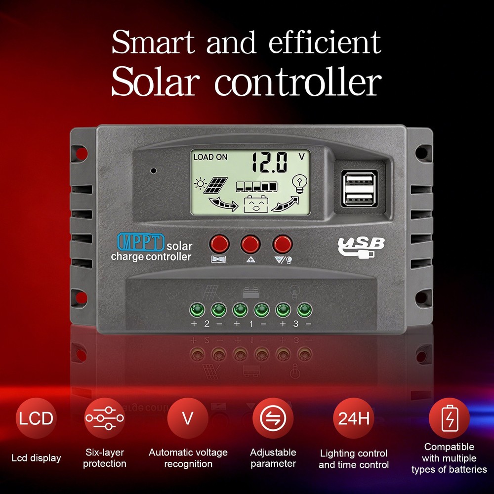 60/100A MPPT Solar Charge Controller 12V/24V Auto Tracking Solar Panel LCD NEW